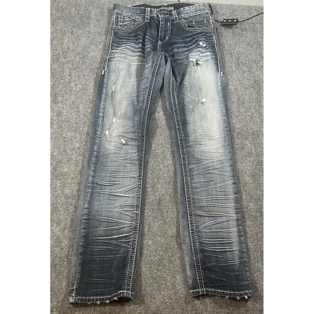 Affliction Mens Blue Jeans 32x33 Gage Straight Leg Whiskered Embroidered Y2K